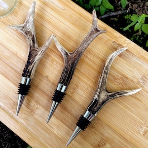 Roe deer antler wine stopper with metal base - rustic bar accessory