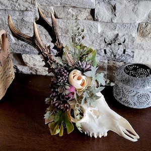 Cráneo de corzo real con flores / Arte floral de calavera hecho a mano / Regalo de decoración rústica / Montaje en pared natural / Cráneo botánico único / Cumpleaños