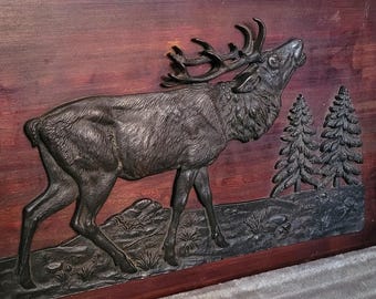 Vintage hunting bas-relief wall plaque – cast metal deer scene on wooden board