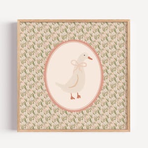Floral Duck Printable Square, Baby Girl Nursery Art, Vintage, Goose, Cottagecore, Trendy Wall Art, Whimsical Country Duck Digital Download