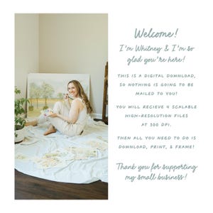 May include: A woman sits on a white sheet, holding a paintbrush and palette, surrounded by artwork. Text reads "Welcome! I'm Whitney & I'm so glad you're here!" and details about a digital download of high-resolution files.