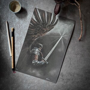 IMPRESSÃO DE ARCANJO, Arte de fantasia, Primeira espada guardiã de luz, Impressão assinada, edição limitada, Decoração de arte de parede medieval por Kindrie Grove