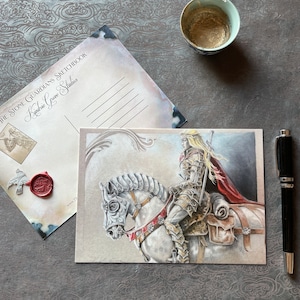 GRANDE CARTE POSTALE FANTASTIQUE, Rowan et son cheval de guerre, carte postale 5 x 7 de Warrior and Warhorse, cadeau d’amoureux fantastique par Kindrie Grove