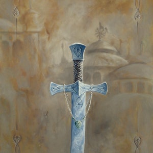 PINTURA DE FANTASIA DE ESPADA, Espada do Guardião, Óleo de Arte Original, Decoração de Casa Gótica, Presente de Amante de Fantasia da artista canadense Kindrie Grove