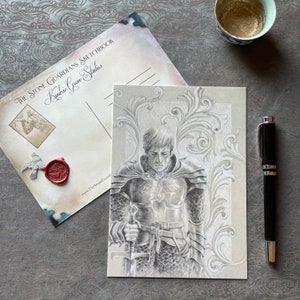 GRANDE CARTE POSTALE GUERRIÈRE, Torrin Dreams, carte postale 5 x 7 de Fantasy Warrior with Scrolls, cadeau de l’amateur de fantaisie par l’artiste et auteur Kindrie Grove