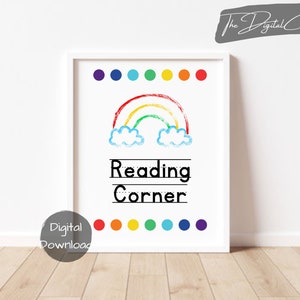 Reading Corner Sign, Let&#39;s Read, Reading Nook, Rainbow Classroom Decor, Playroom Wall Decor, Montessori, Classroom Poster,Kids Read Wall Art