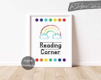 May include: A printable sign featuring a rainbow, clouds, and the text "Reading Corner". The sign is decorated with colourful dots.