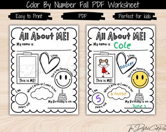 May include: Two black and white "All About Me" worksheets with scalloped edges. One is blank, the other filled in with the name "Cole", a drawing, and the words "soccer", "a nurse", and "June 3". The worksheets are labeled "Easy to Print" and "Perfect for kids".