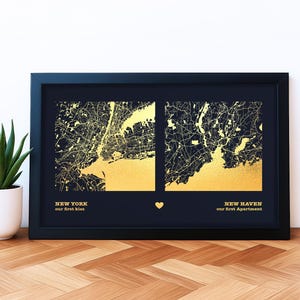 Custom Two Location Foil Map Print – Personalized Metallic Map in Gold or Silver