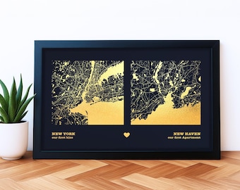 Benutzerdefinierte Folienkarte für zwei Orte - Personalisierte Landkarte in Gold oder Silber