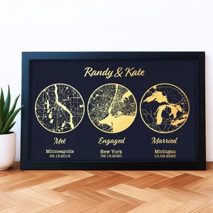 Personalized Metallic Foil Location & Star Map Print - Custom Multi-Location Foil Map in, Gold, or Silver