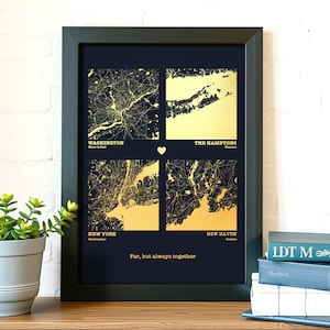 Custom Metallic Map Print with Any Four Locations – Personalized Multi-Location Foil Map Wall Art in Gold