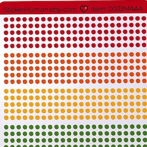 May include: A sheet of rainbow dot stickers. The stickers are arranged in horizontal rows of red, orange, yellow, green, blue, purple, and pink dots. The top of the sheet has the text "StickerHuman.etsy.com" and "Item: 0033MAAA".