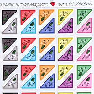 May include: Sheet of colorful stickers with a pixelated triangle design. Each sticker features the words "pay day" and a small green money graphic. The triangles are in various colors, including red, blue, and green.