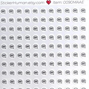 May include: Sheet of small, round stickers featuring a gray speech bubble design. The stickers are arranged in a grid pattern on a white background. The text "StickerHuman.etsy.com" and "Item: 0090MAAE" are visible at the top.