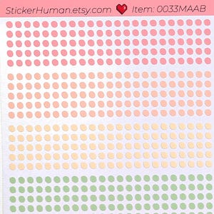May include: A sheet of colorful dot stickers in a rainbow gradient. The stickers are arranged in rows of small circles, transitioning from pink to purple. The top of the sheet has the text "StickerHuman.etsy.com" and "Item: 0033MAAB".