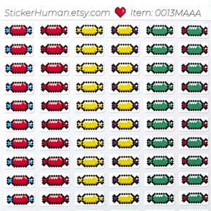 May include: Sheet of stickers featuring pixelated candy in various colors: red, yellow, green, blue, and purple. Each sticker has a white background and a candy wrapper design. The stickers are arranged in a grid pattern.