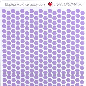 May include: A rectangular sticker sheet featuring a repeating pattern of small, solid light purple hexagons. The top of the sheet displays the text StickerHuman.etsy.com, a red heart icon, and the item code 0152MABC in black sans-serif font.