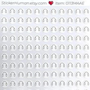 May include: Sheet of white stickers with a black outline of headphones inside a white circle. The text "StickerHuman.etsy.com" and "Item: 0113MAAE" are visible. The stickers are arranged in a grid pattern.