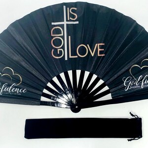 God Is Love Black Bamboo Hand Fan with Suede Bag – Faith-Based Accessory, God.fidence Design/Black&Gold fan