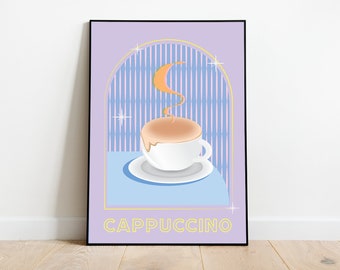 Cappuccino Coffee Poster, Retro Wall Print, Coffee Bar Decor, Cute Kitchen and Home Decor - Physical Print - Frame NOT Included