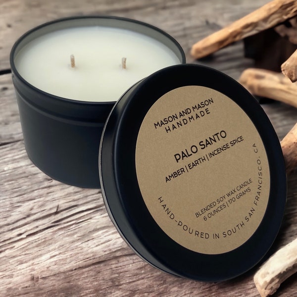 Palo Santo Blended Soy Candle, Black Candle Tin, 6 ounces