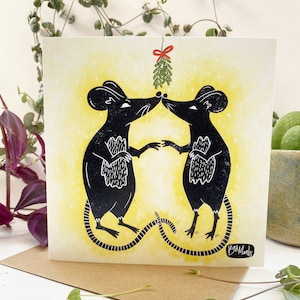 Rattenmaus Weihnachtskarte, Liebesratten unter dem Mistelzweig, Rattenkarte, Maus Weihnachtskarte