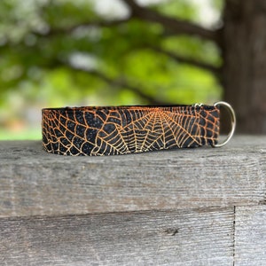 Może przedstawiać: Czarny i pomarańczowy obroża dla psa z wzorem pajęczyny i srebrnym kółkiem D.