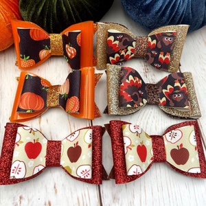 Fall Thanksgiving Faux Leather Pigtail Hair Bow Set Baby Bows Toddler Bows Fall Hair Bows Turkey Pumpkin Apple