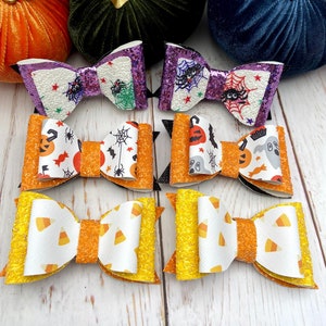 Halloween Faux Leather Pigtail Hair Bow Set Baby Bows Toddler Bows Fall Hair Bows Candy Corn Spiders