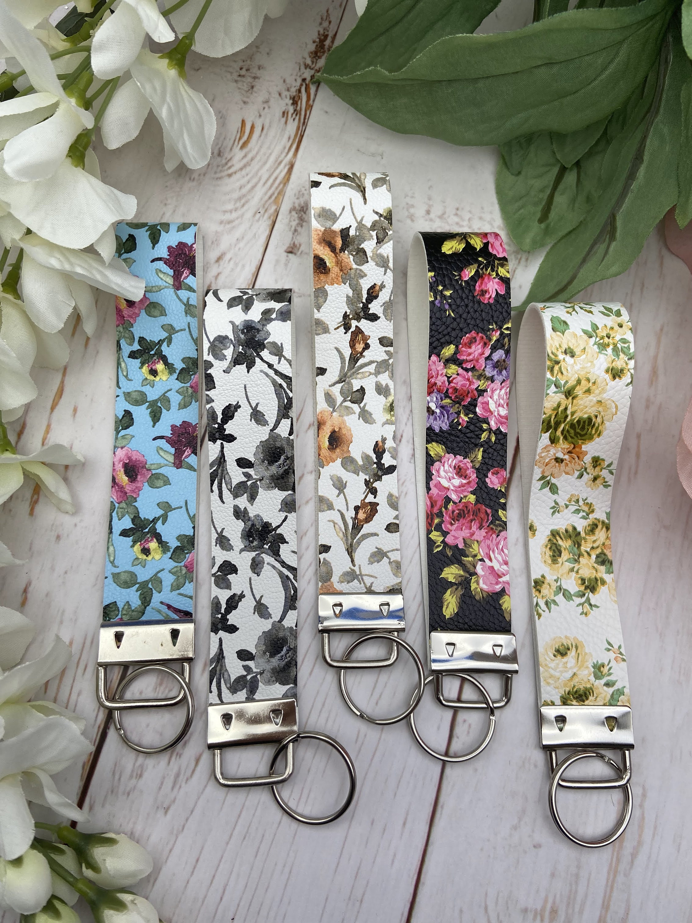 Floral Faux Leather Key Fob, Faux Leather Wristlet Keychain
