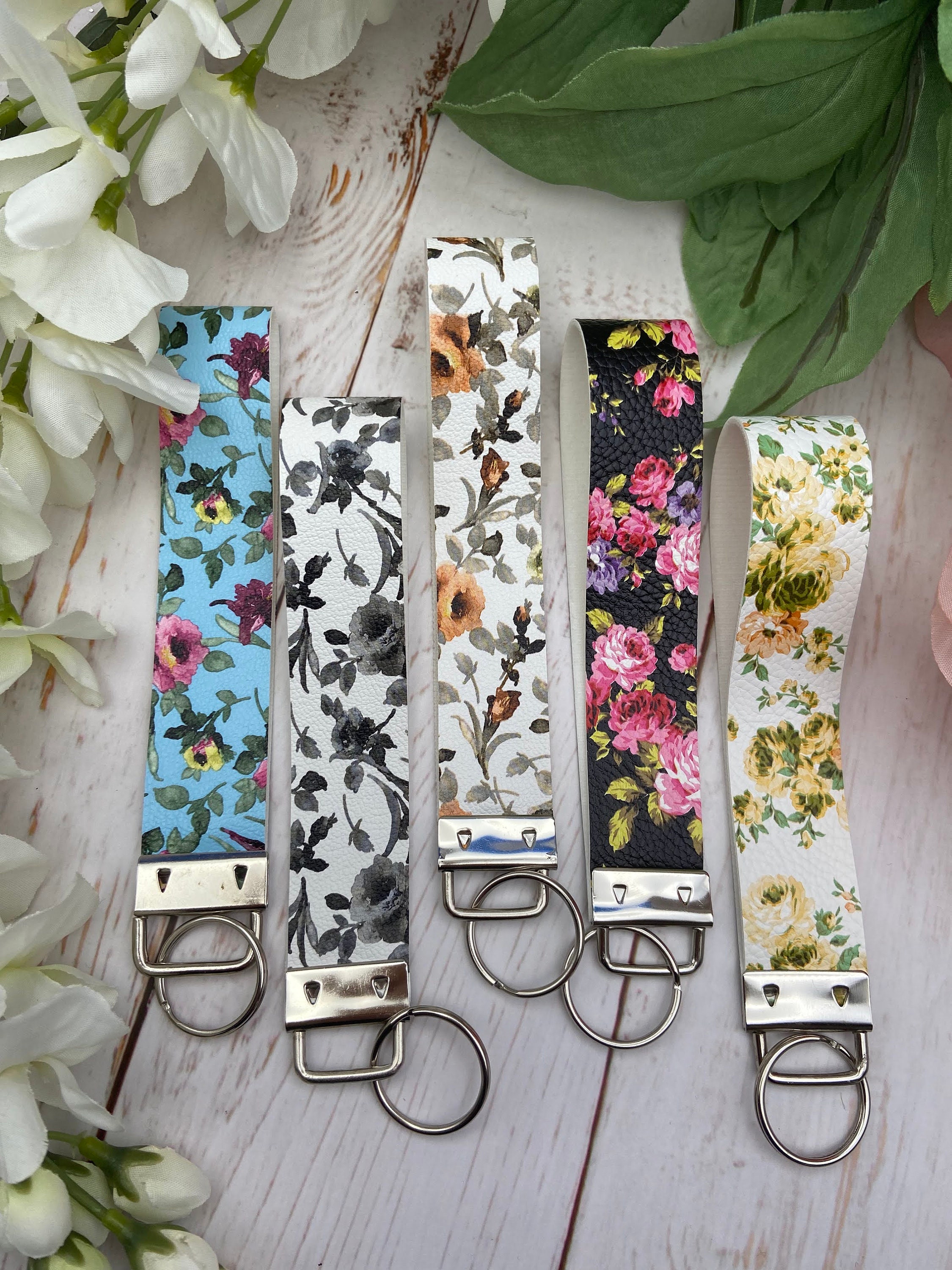 Floral Faux Leather Key Fob, Faux Leather Wristlet Keychain