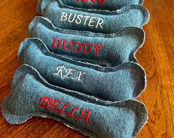 Denim personalized dog bone toy with squeakers