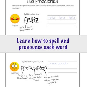May include: A worksheet with a cartoon smiley face and the Spanish word "feliz" which means happy. The worksheet includes instructions to practice the pronunciation of the word and write it several times. The word is broken down into syllables and there are tips on how to pronounce the word correctly.