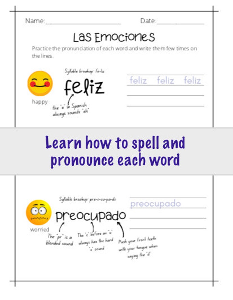 May include: A worksheet with a cartoon smiley face and the Spanish word "feliz" which means happy. The worksheet includes instructions to practice the pronunciation of the word and write it several times. The word is broken down into syllables and there are tips on how to pronounce the word correctly.