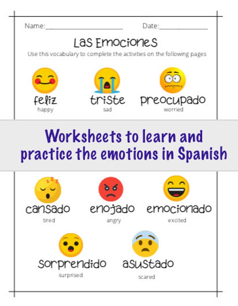 May include: A worksheet with colorful illustrations of different emotions and their Spanish translations. The words "Las Emociones" are at the top of the page. The worksheet is designed to help learners practice the emotions in Spanish.