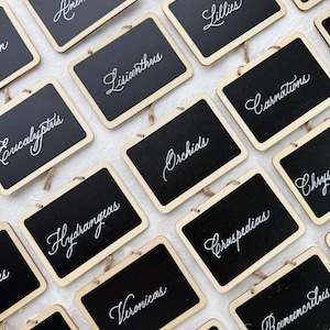 Può includere: Una collezione di piccole lavagne nere rettangolari con cornici in legno e ganci in corda. Ogni lavagna presenta un nome di fiore diverso in elegante scrittura bianca, tra cui "Anemoni", "Gigli" e "Orchidee."