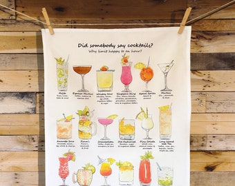 Cocktail Tea Towel, XL Size, Cocktail gift, Kitchen Towel, Dish towel, Fun Tea Towel, Cocktail lovers gift, Cocktail present, bar gifts