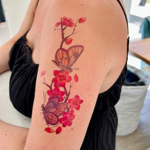 Temporary pink floral tattoo, festival tattoo, festival body art, boho gifts, fake tattoo, flower body art, wild flower tattoo, flower art