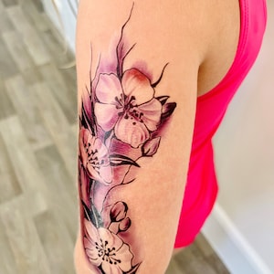 Temporary purple floral tattoo, festival tattoo, festival body art, boho gifts, fake tattoo, flower body art, wild flower tattoo, flower art