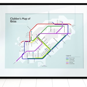 Mapa do metrô de Ibiza, pôster de Ibiza, impressão legal, arte de pôster de Ibiza, baladas, arte de parede de Ibiza, impressão de arte de Eivissa, clubes de dança famosos, música de dança
