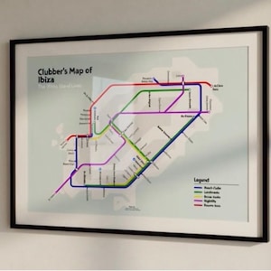 Kaart Ibiza, Ibiza-poster, coole print, Ibiza-posterkunst, uitgaan, Ibiza-muurkunst, Eivissa-kunstprint, beroemde dansclubs, dansmuziek