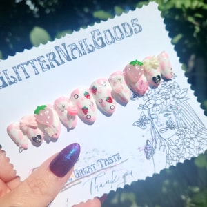 Strawberry Cow Press on Nails, Cute False Nails, Pink Glue on Nails, Butterfly, Pierced Nails. Large Charms