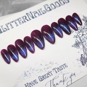Handmade Wine Cat Eye Press On Nails, Purple French Tip