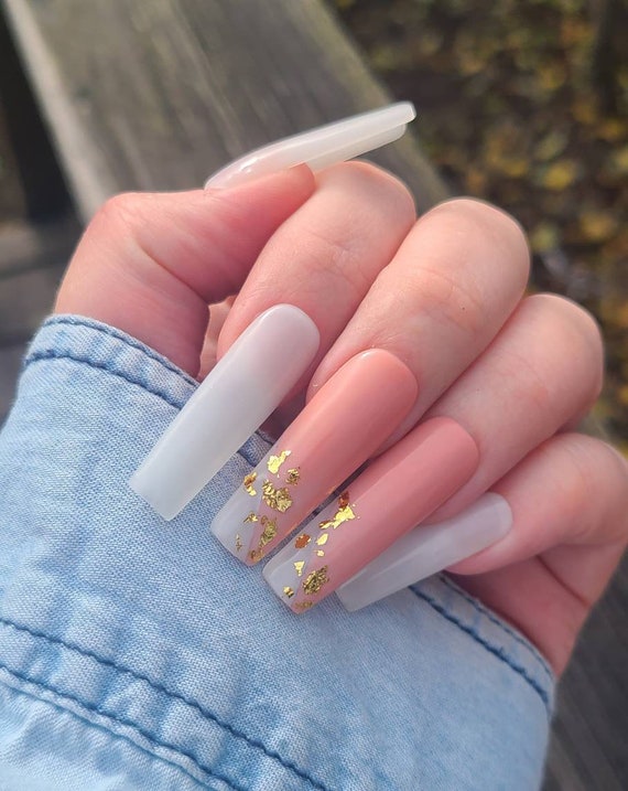 Milky White Half Frenchie With Gold Foil Neutral Long Etsy
