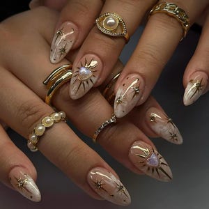 Kawaii Press On Nails, Pearls, Glitter, Bow, Light Pink, Valentine's Day