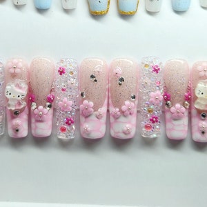 Kawaii Press on Nails, Cute Charms, Fake Nails Long