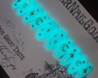 Blue Glow in the dark Space Press on Nails, Stars and Moons nails, Glitter Nails, Festival nails, mushroom