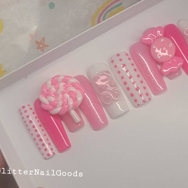 Prêt à expédier de grandes, Candy Chunky Charm Press sur les ongles, Kawaii Nails, Candy Pink Glue ons, Gummy Bear, Lolipop