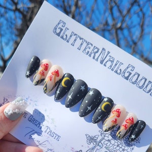 Cottage core press on nails, Stars and Moon, Green Press on Nails, Short and Long Glue On Nail, Matte false Nail, Celeb inspired, Witchy